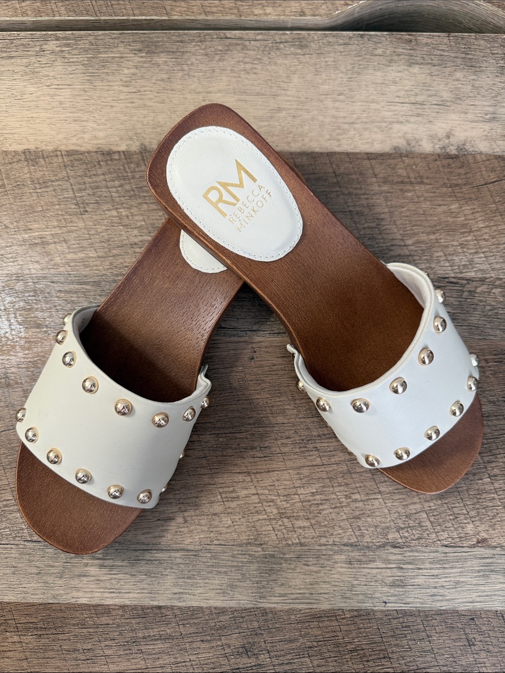 Rebecca Minkoff Cream Slide Sandals with Gold Studs, NWT